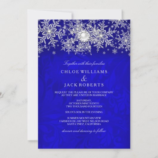 Invitation Blue Crystal Pearl Flocon de neige Silver Mariage (Devant)