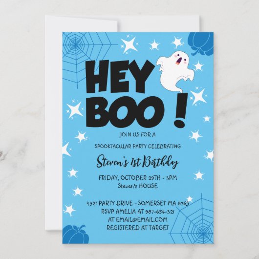 Invitation Blue Custom Halloween 1er anniversaire fête, Hey B (Devant)