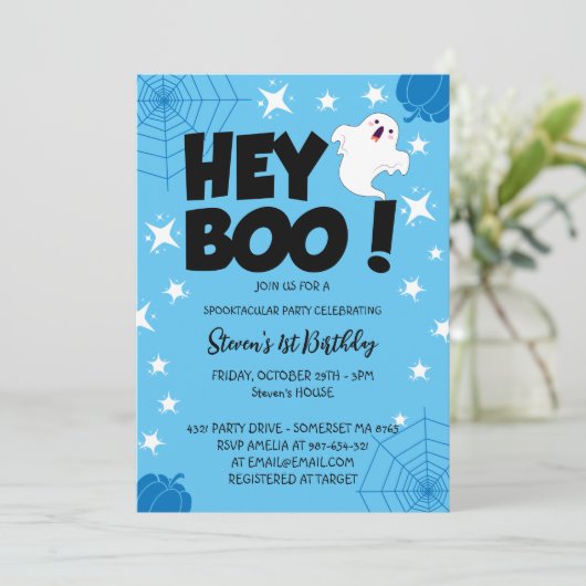 Invitation Blue Custom Halloween 1er anniversaire fête, Hey B (Debout devant)