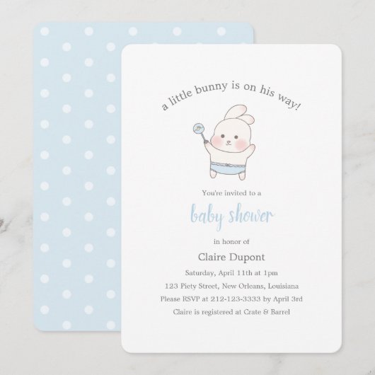 Invitation Blue Cute Bunny Aquarelle Simple Baby shower garço (Devant / Derrière)