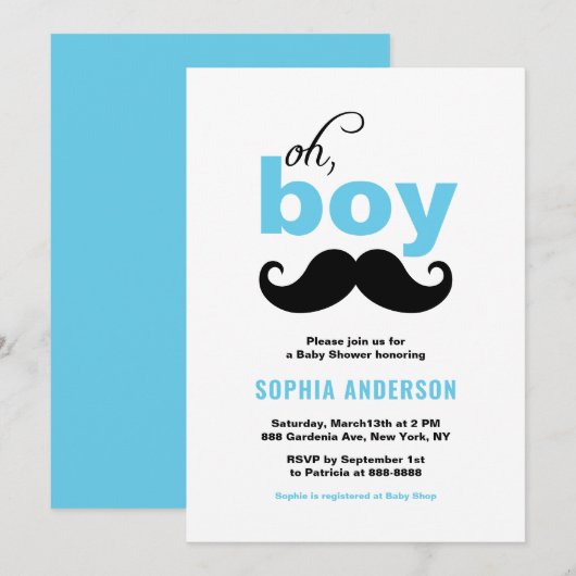 Invitation Blue Cute C'est un Baby shower de moustache garçon (Devant / Derrière)