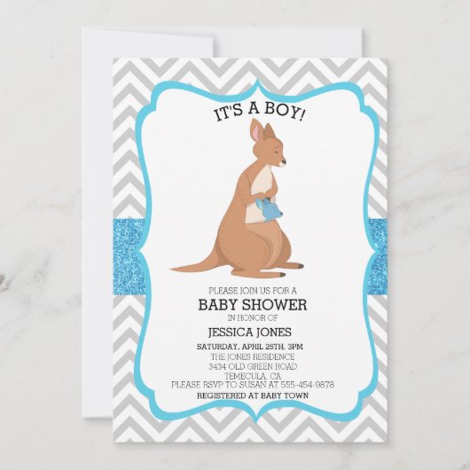 Invitation Blue Cute Kangaroo Parties scintillant Baby shower (Devant)
