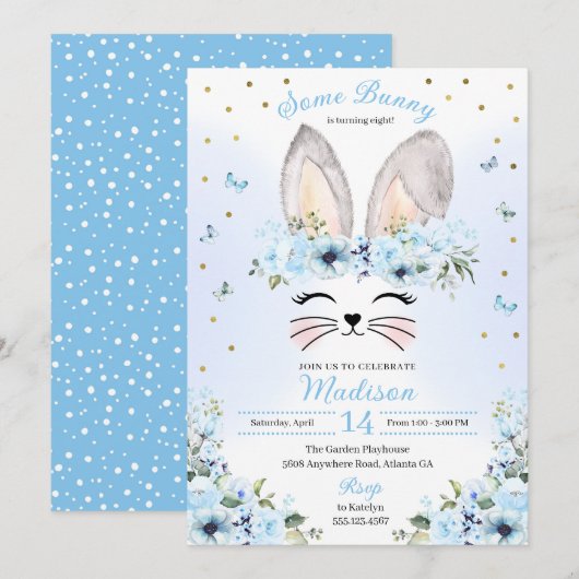 Invitation Blue Cute Rabbit Oreilles Florales Pâques Annivers (Devant / Derrière)