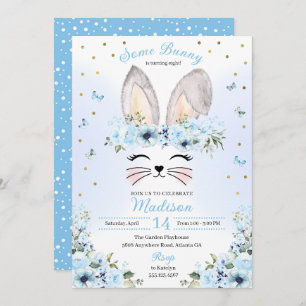 Invitation Blue Cute Rabbit Oreilles Florales Pâques Annivers
