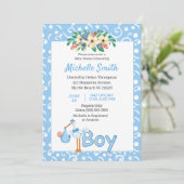Invitation Blue Cute Stork Boy Floral Baby shower (Debout devant)