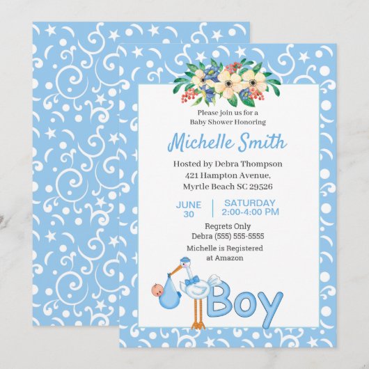 Invitation Blue Cute Stork Boy Floral Baby shower (Devant / Derrière)