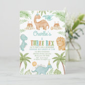 Invitation Blue Cute Three Rex Dinosaur 3e anniversaire (Debout devant)