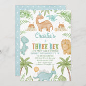 Invitation Blue Cute Three Rex Dinosaur 3e anniversaire (Devant / Derrière)