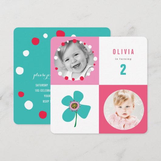 Invitation Blue Daisy Pop Carrés fille Anniversaire Photo Inv (Devant / Derrière)