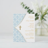 Invitation Blue Damask Cross Boy Baptême Christening (Debout devant)