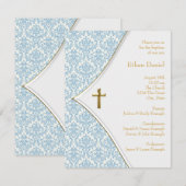 Invitation Blue Damask Cross Boy Baptême Christening (Devant / Derrière)