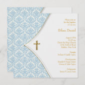 Invitation Blue Damask Cross Boy Christening (Devant / Derrière)