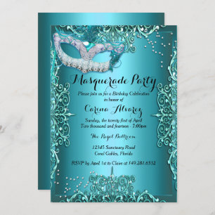 Invitation Blue Damask Masquerade party Anniversaire Invitati