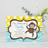 Invitation Blue Damask Mod Monkey Boys Birthday Party Invitat (Debout devant)