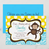Invitation Blue Damask Mod Monkey Boys Birthday Party Invitat (Devant / Derrière)