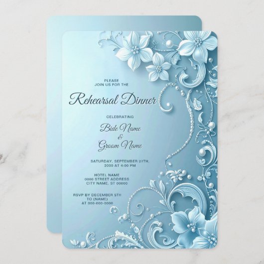 Invitation Blue Decorative Floral Rehearsal Dinner (Devant / Derrière)