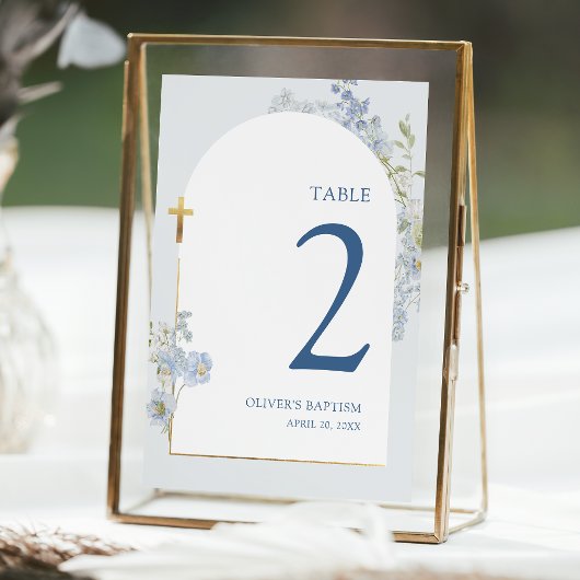 Invitation Blue Delphinium Floral Boy Baptism Table Number