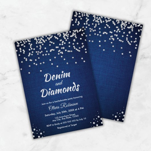 Invitation Blue Denim et Diamonds Elegant Bachelorette Party