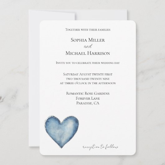 Invitation Blue Denim Jean Mariage de coeur (Devant)