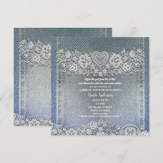 Invitation Blue Denim Jean & White Heart Lace Fête des mariée (Devant / Derrière)