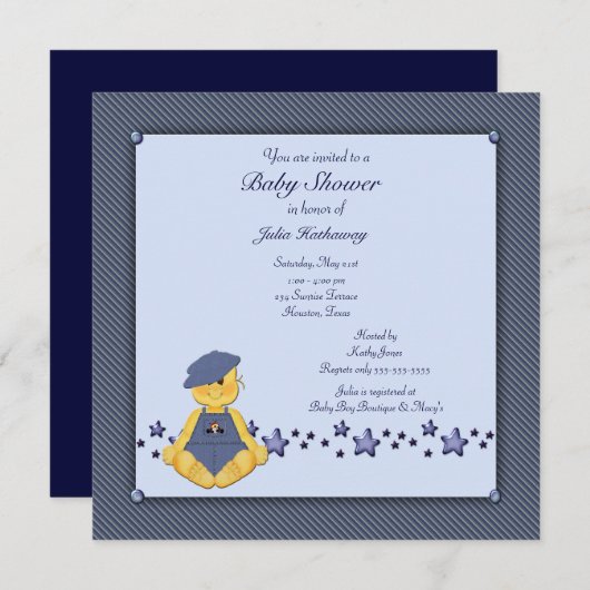 Invitation Blue Denim Stars Baby Boy Douche (Devant / Derrière)