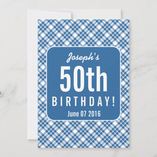 Invitation BLUE DIAGONAL PLAID 50e anniversaire Fête A07L (Devant)