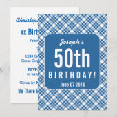 Invitation BLUE DIAGONAL PLAID 50e anniversaire Fête A07L (Devant / Derrière)