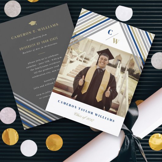 Invitation Blue Diagonal Stripes Moderne Graduation Party