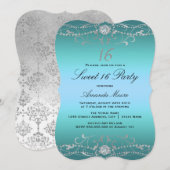 Invitation Blue Diamond Damask Sweet 16 (Devant / Derrière)