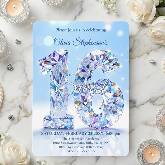 Invitation Blue Diamond Sparkle Glamorous Sweet 16 Birthday