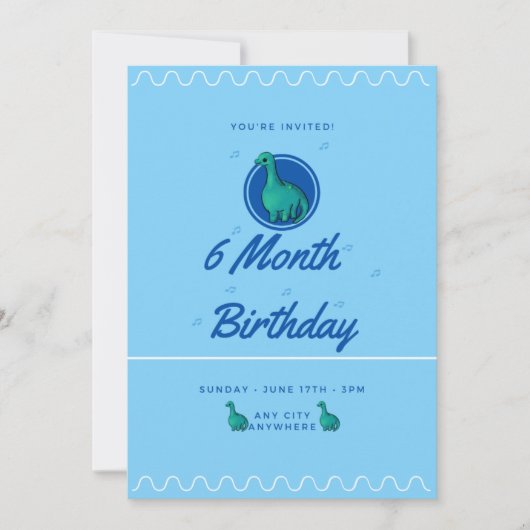 Invitation Blue Dinosaur 6 Month Birthday (Devant)