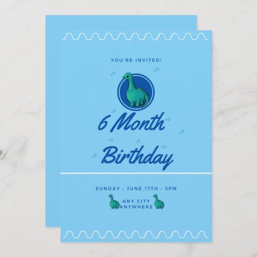 Invitation Blue Dinosaur 6 Month Birthday (Devant / Derrière)