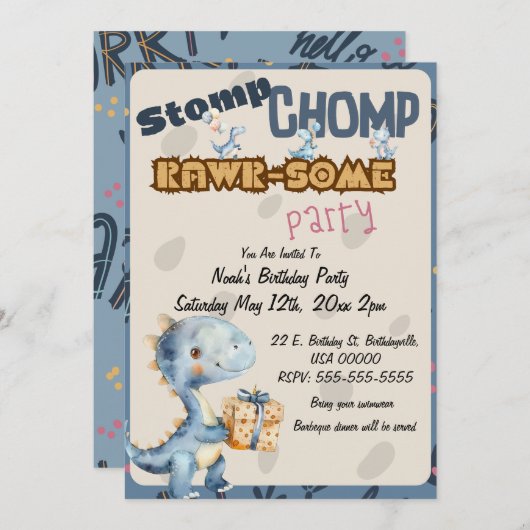 Invitation Blue Dinosaur Rawr Fête d'anniversaire (Devant / Derrière)