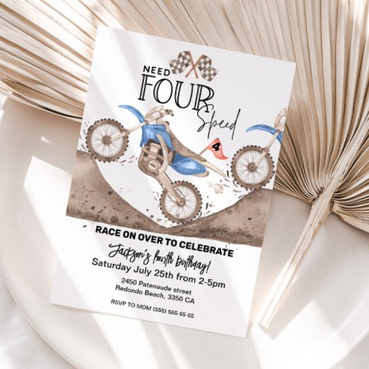 Invitation Blue Dirt Bike 4th birthday Need FOUR Speed 