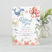 Invitation Blue Dive Into Five Ocean Animals 5th Birthday (Debout devant)