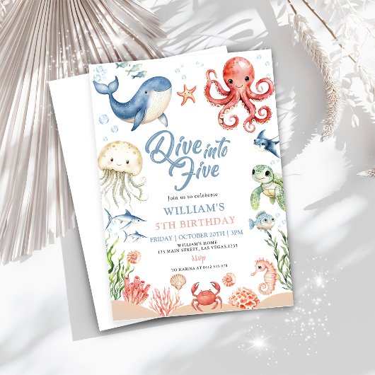 Invitation Blue Dive Into Five Ocean Animals 5th Birthday