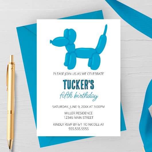 Invitation Blue Dog Balloon Animal fête d'anniversaire