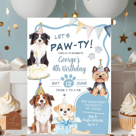 Invitation Blue Dog let's Pawty Birthday