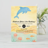 Invitation Blue Dolphin & Jellyfish Ocean Scene Anniversaire (Debout devant)