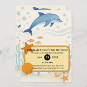 Invitation Blue Dolphin with Starfish & Rope Frame Birthday (Devant / Derrière)
