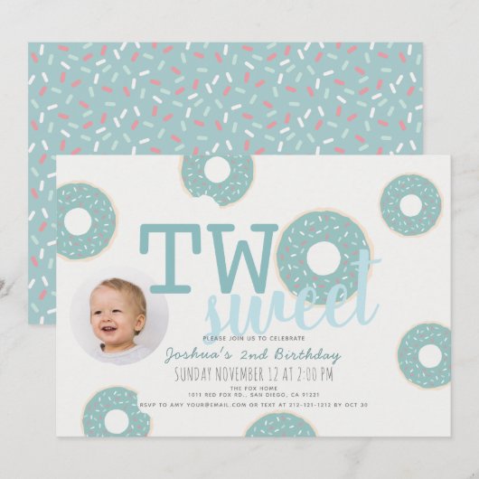 Invitation Blue Donut Two Sweet Boy Photo 2e anniversaire (Devant / Derrière)