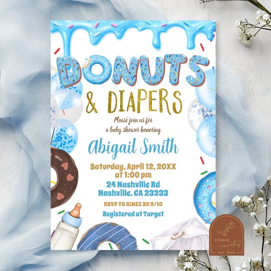Invitation Blue Donuts and Diapers baby shower 