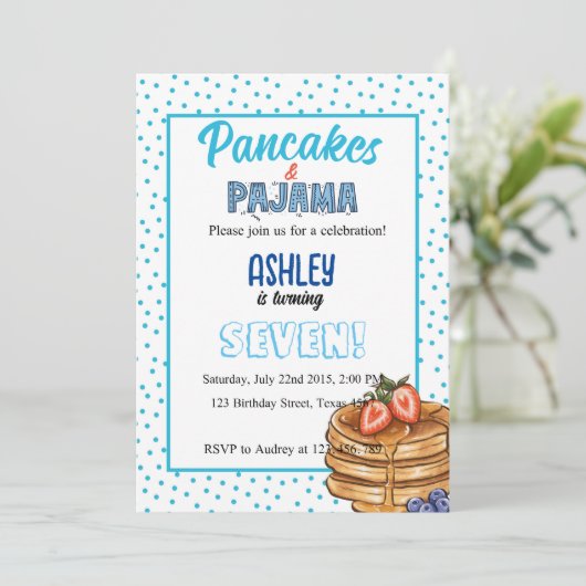 Invitation Blue Dot Pancakes et Pyjamas Anniversaire (Debout devant)