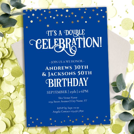 Invitation Blue Double Anniversaire Party Star Confetti