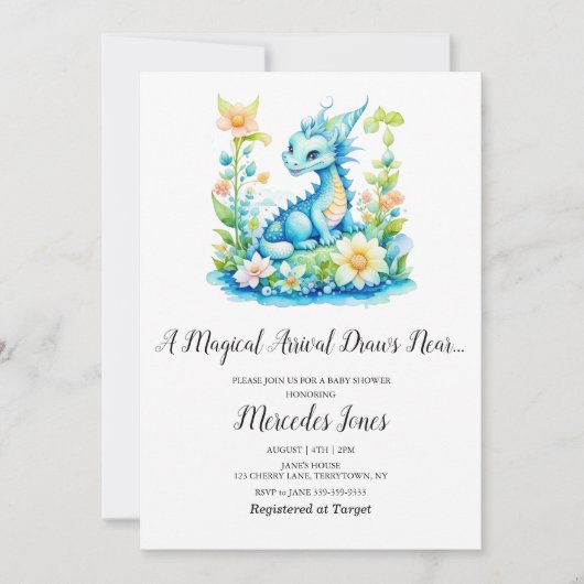 Invitation Blue Dragon Floral Baby shower d'arrivée magique (Devant)