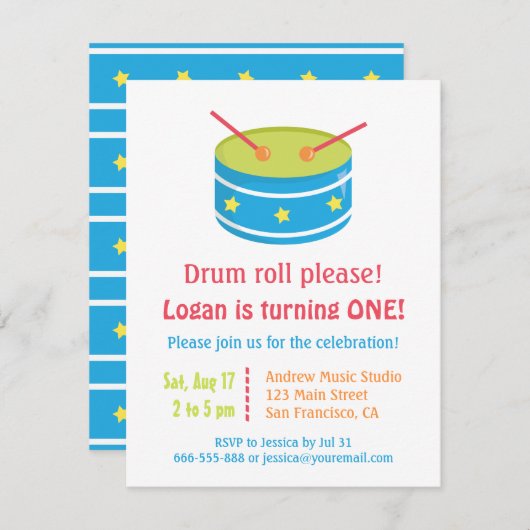 Invitation Blue Drum Roll Boy Premier anniversaire (Devant / Derrière)