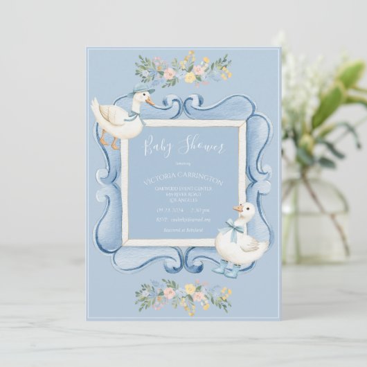 Invitation Blue Ducks Floral Vintage Baby Shower (Debout devant)