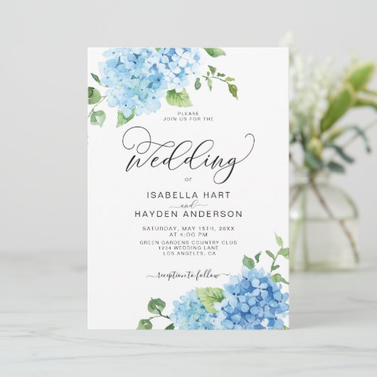 Invitation Blue Dusty Light Navy Floral Hydrangea Mariage (Debout devant)