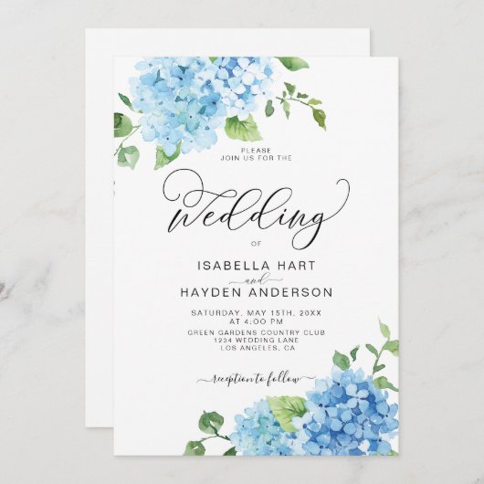 Invitation Blue Dusty Light Navy Floral Hydrangea Mariage (Devant / Derrière)