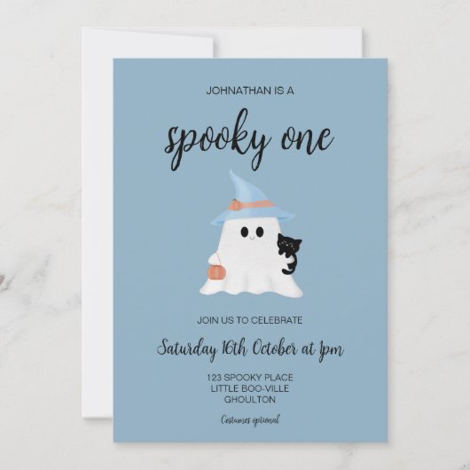 Invitation Blue Éffrayant One Cute Ghost 1st Birthday Boy Par (Devant)